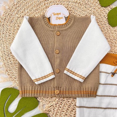  Conj de linha marrom e mostarda manga branca e calça listrada 